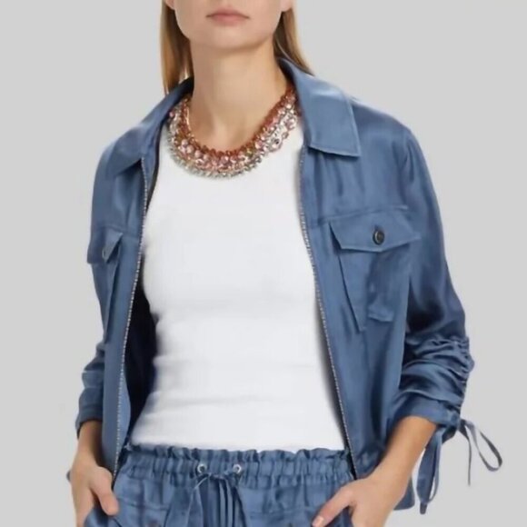 Cinq a Sept 'Dale' Ruched-Sleeve Cupro-Satin Jacket, Indigo - Picture 1 of 3